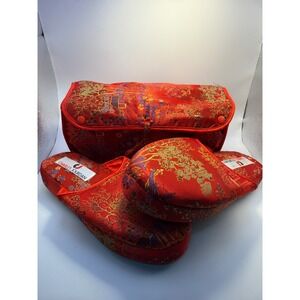 Charles Jourdan Red Floral Brocade Travel Slipper Set with Case Small 5-6